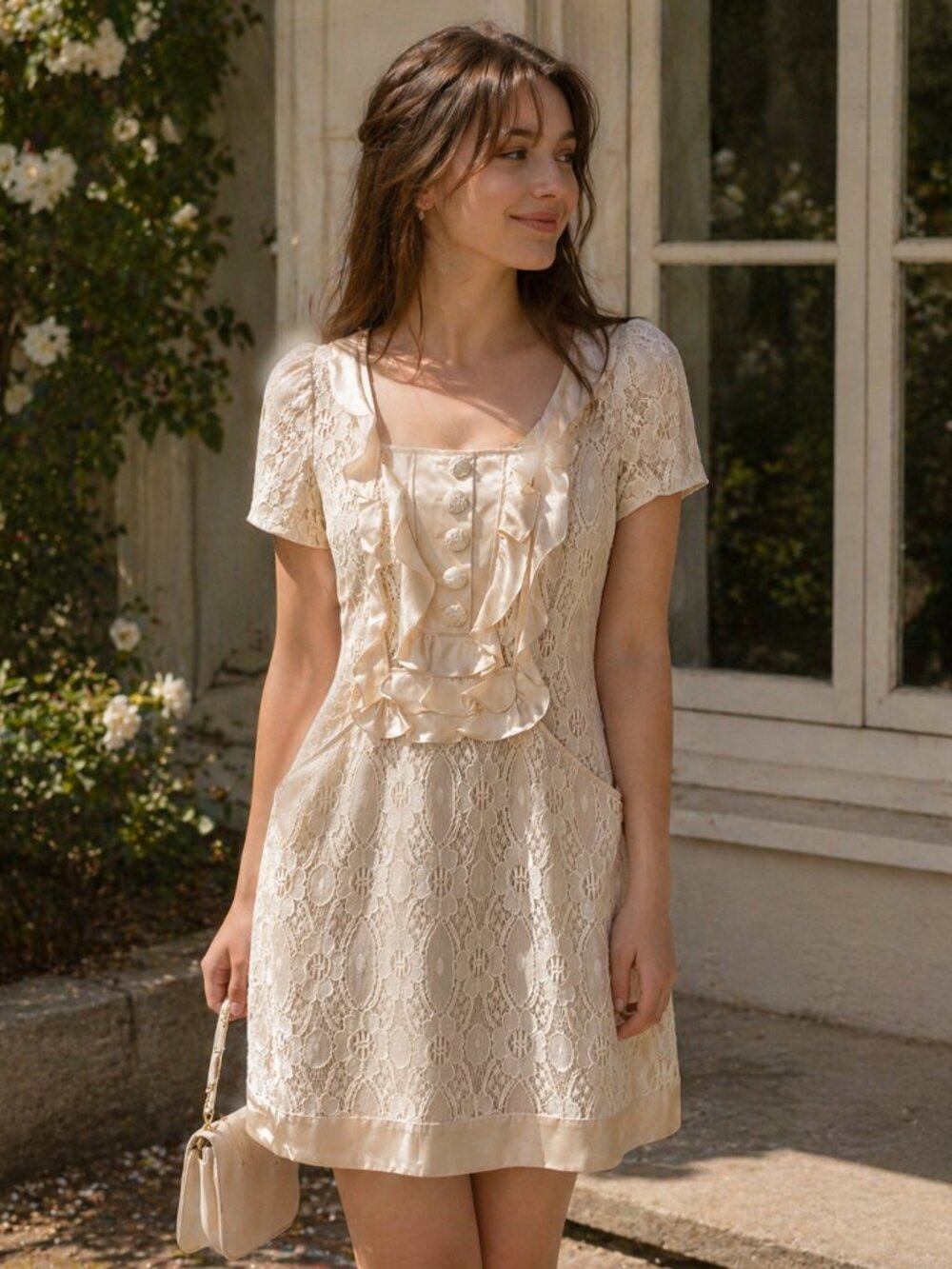 Aidan Mattox Lace Cocktail Dress Ivory Ruffle Bib Sheath Formal Size 8